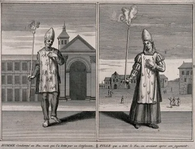 Left, a young man avoiding being burnt at the stake for heresy by the Spanish Inquisition by recanting; left, a young woman avoiding being burned alive by recanting after the judgement