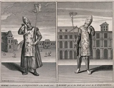 Left, a young woman condemned to be burnt alive by the Spanish Inquisition; right, a young man about to be burnt alive at the stake by the Spanish Inquisition
