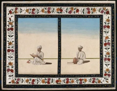 Left, an artist paints a picture; right, a book binder at work