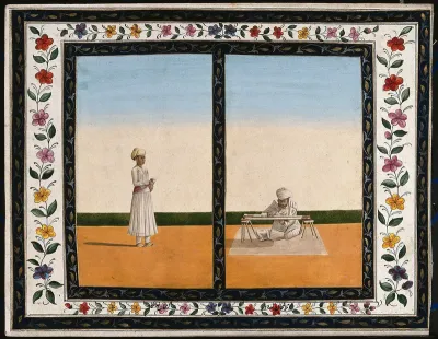 Left, an attendant carrying a diya (small lamp); right, a man weaving (?)