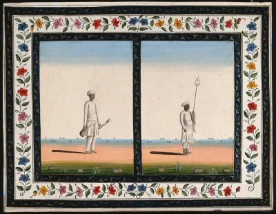 Left, an attendant carrying a rose water sprinkler (?); right, a man holding an unidentified instrument