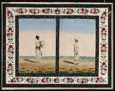 Left, an attendant holding a hookah; right, an old man