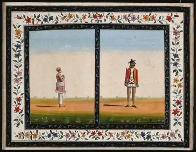Left, an attendant holding a stick; right a sepoy (native soldier)
