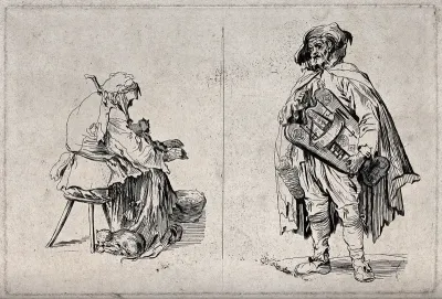 (Left) an old woman sitting on a stool with a cat and warming her hands at a brazier; (right) an old man playing the hurdy-gurdy