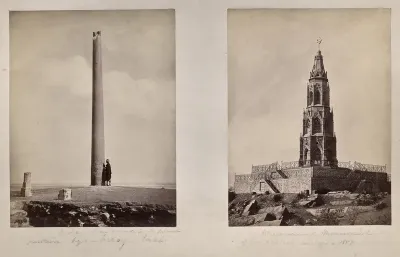 Left: [Ashoka Pillar moved to its present position by Feroz Shah]. Right: Memorial Monument of the British Soldiers in 1859