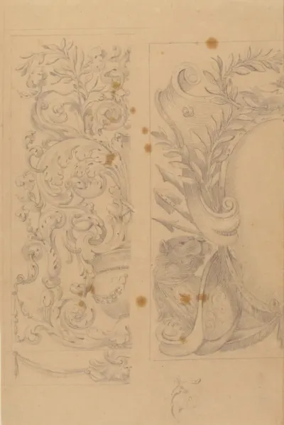 Left Part of the Drawing: Floral Ornaments; Right Part of the Drawing: Half Cartouche Decorated with Leaves, Arms and a Lion