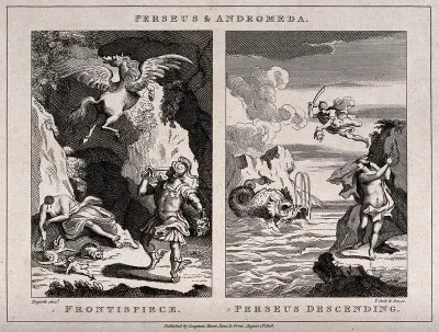 Left, Perseus cuts off the head of Medusa; right, Perseus rescues Andromeda