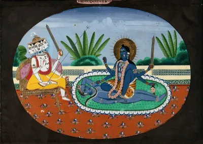 Left, Sadashiva, with five heads and five pairs of arms, seated on a throne and holding a sword; right, the goddess Kali seated on her consort Shiva