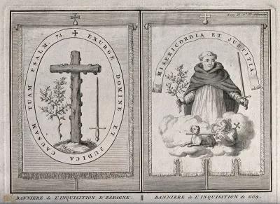 Left, the banner of the Spanish Inquisition; right banner of the Inquisition in Goa