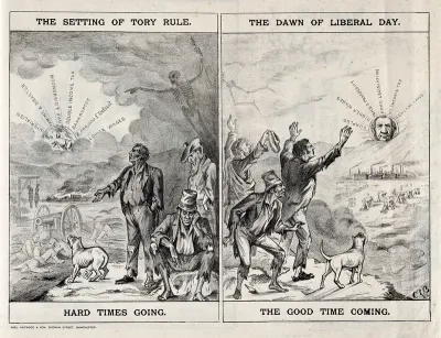 Left, the sun depicting Disraeli is setting on a devastated land; right, the sun depicting Gladstone is rising, bringing hope and a blooming economy