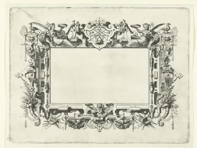 Lege cartouche met een rand van rol- en beslagwerk met schrijfattributen