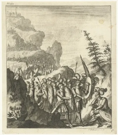 Leger trekt bergafwaarts in rotsachtig landschap