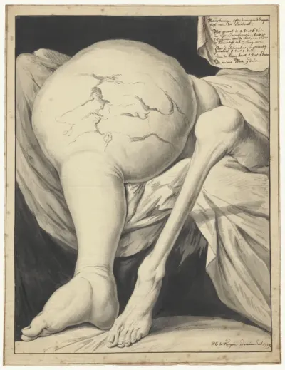 Legs of a man, the one emaciated, the other heavily grossly (tumor?, trauma?)