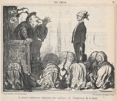 L'envoyé américain obtenant une audience de l'Empereur de la Chine...., from En Chine, published in Le Charivari, October 21, 1859