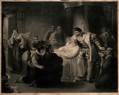 Leonardo da Vinci on his deathbed, at Cloux in 1519, with François I and members of the royal household in attendance