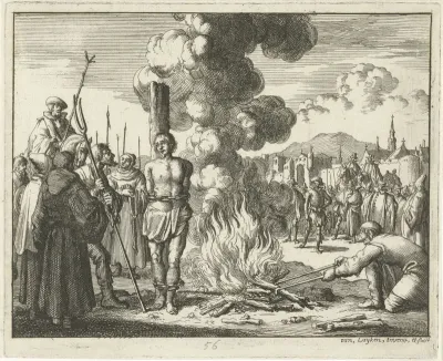 Leonhard Bernkopff voor de brandstapel, 1542
