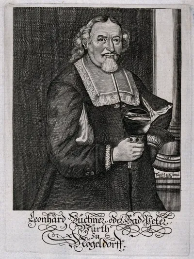 Leonhard Bűchner, a German landlord, with wine glass in hand