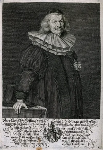Leonhard Golling, a German brewer, standing by a table