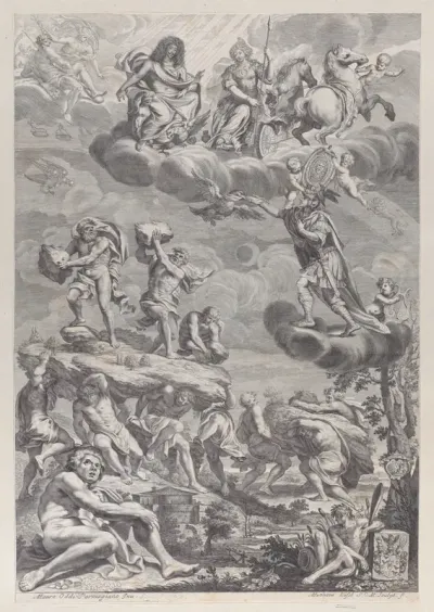 Leopold I of Austria as Jupiter with his wife enthroned in the clouds, looking down on the struggling giants below