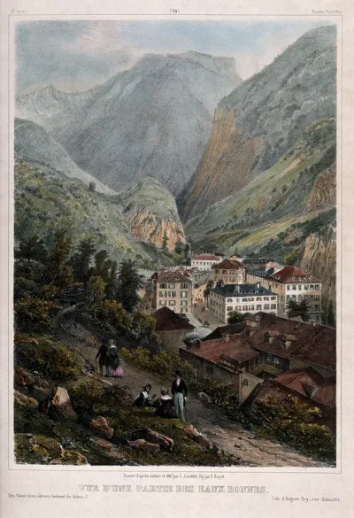Les Eaux-Bonnes, Pyrénées: the town with surrounding mountains, and people in the foreground on a path above the town