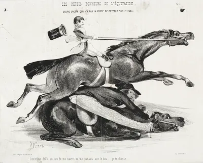 Les petits bonheurs de l'équitation:  Jeune Groom qui n'a pas la force de retenir son cheval