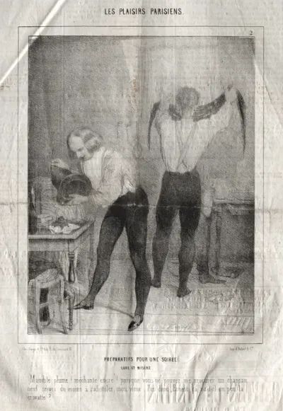 Les Plaisirs Parisiens:  Preparatifs pour une soiree.  Luxe et misère.  Maudite plume!  mèchante encre!...