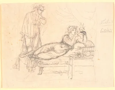 Lesbia og Catullus. Lesbia ligger, holdende en fugl på venstre hånd. Catullus står bagved
