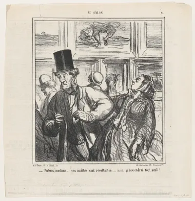 Let's leave Madame... these nudes are revolting... (aside) I'll come back later., from 'At the Salon,' published in Le Charivari, May 5, 1866