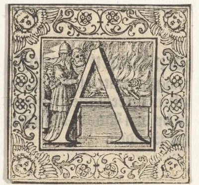 Letter A in een omlijsting met een voorstelling van Abraham die een ram offert in plaats van Isaak