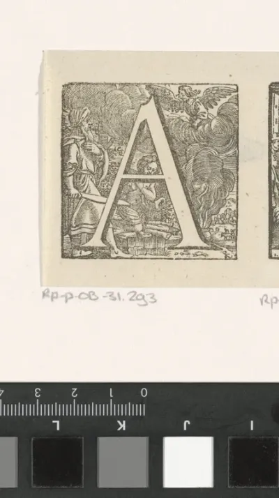 Letter A in een omlijsting met een voorstelling van Abraham die Isaak offert