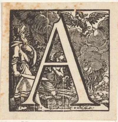 Letter A in een omlijsting met een voorstelling van Abraham die Isaak offert