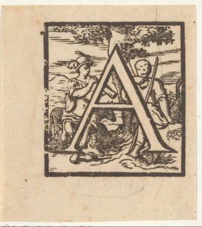 Letter A in een omlijsting met een voorstelling van een herder en een figuur met een gevleugelde helm blazend op een bazuin