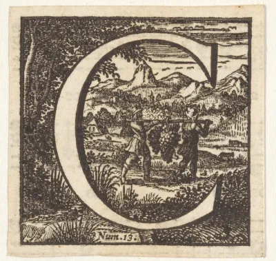 Letter C in een omlijsting met een voorstelling van de verspieders Jozua en Kaleb die terugkeren uit Eskol met een grote tros druiven