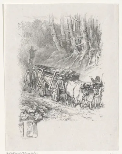 Letter D en een landschap met vier mannen en een ossenwagen