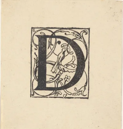 Letter D in een omlijsting met een vogel