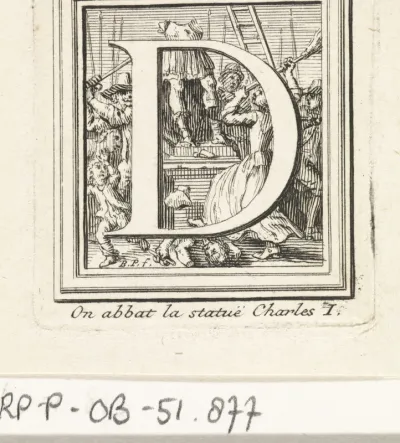 Letter D met op de achtergrond het stukslaan van het standbeeld van Karel I, koning van Engeland