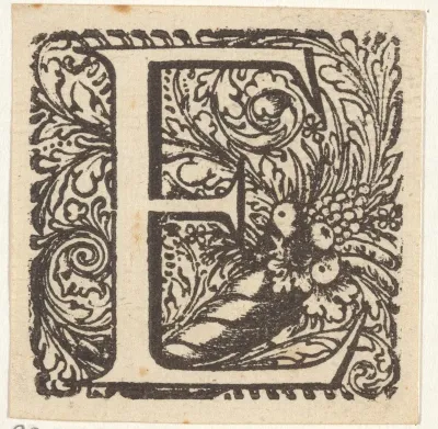 Letter E in een omlijsting met de hoorn des overvloeds