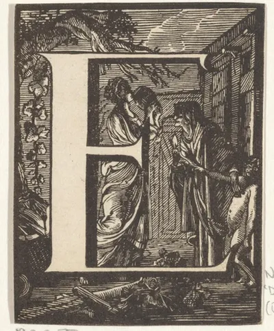 Letter E in een omlijsting met een voorstelling van de bespotting van Ceres