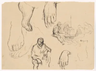 Letter from a Study of a Group of Villagers Sitting Around a Pot with Detail Study of Hands and Feet