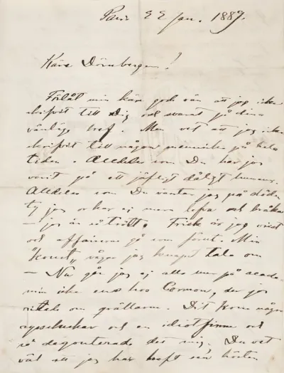 Letter from artist Akseli Gallen-Kallela to his Norwegian colleague and friend Carl Dørnberger, Paris 22 January 1889. Gallen-Kallela wrote that he is working in his Paris studio on a large triptych on a Kalevala theme, the Aino myth. He drew a pictu