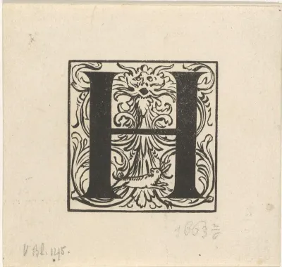Letter H in een omlijsting met de kop van een monster en een haas