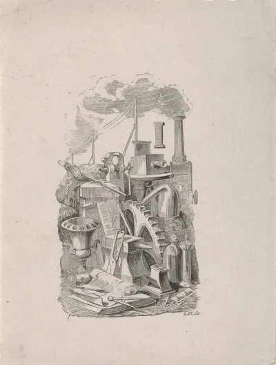 Letter I en een aantal objecten uit de negentiende eeuw, waaronder een tandwiel en een stoomlocomotief