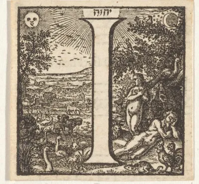 Letter I in een omlijsting met een voorstelling van Adam en Eva omringd door dieren in het paradijs