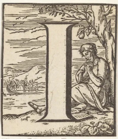 Letter I in een omlijsting met een voorstelling van een biddende man met een boek onder een boom