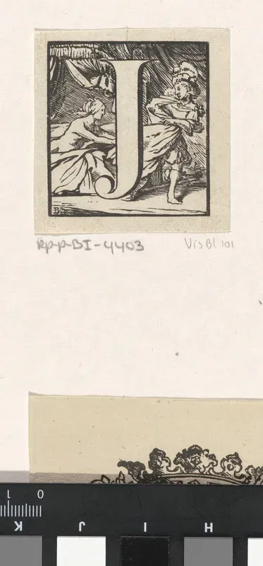 Letter J in een omlijsting met een voorstelling van de kuisheid van Jozef als hij vlucht voor de vrouw van Potifar