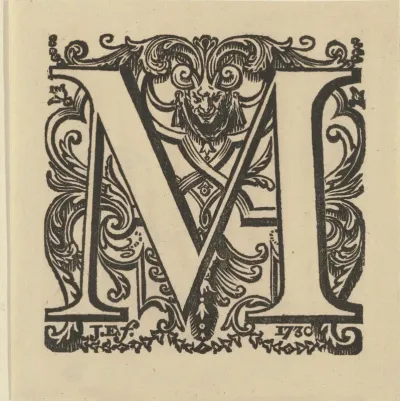 Letter M in een omlijsting met de kop van een monster
