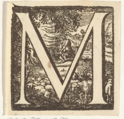 Letter M in een omlijsting met een bijbelse voorstelling