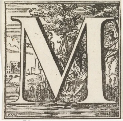 Letter M in een omlijsting met een voorstelling van Mozes die gevonden wordt door de dochter van de farao