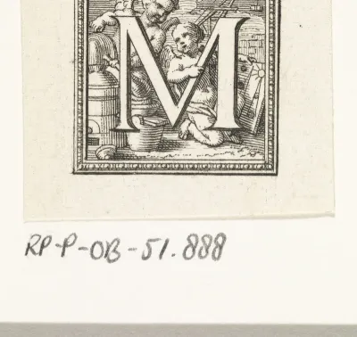 Letter M met twee putti op een bouwplaats