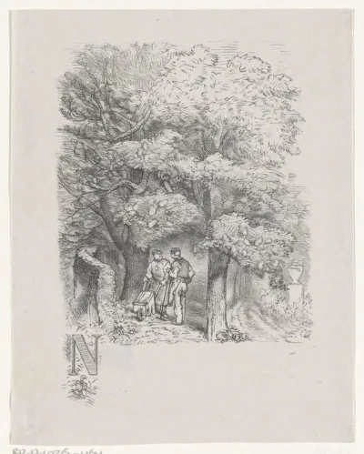 Letter N en een landschap met twee mannen en een kruiwagen